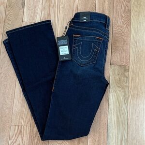 NWT True Religion Becca Mid Rise Indigo Jeans with Orange Stitching